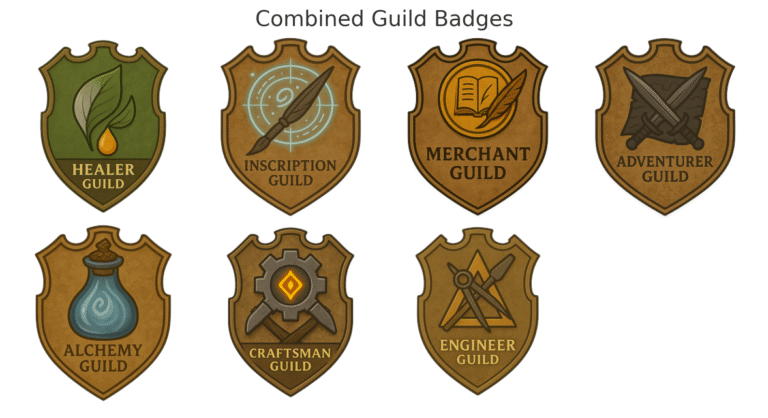 These badges visually represent the types of guilds fantasy fans often explore — all from the Realm of Origin cultivation universe.